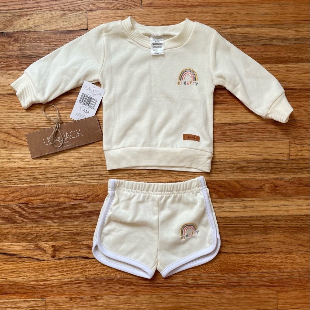 NWT Lila&Jack French Terry Be Happy Rainbow Sweatshirt and Shorts Set, Size 3-6M